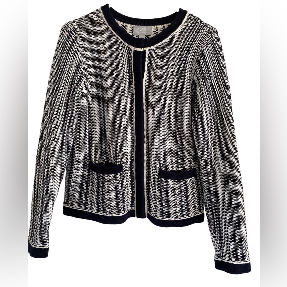PURE COLLECTION Navy and White Cotton Nautical Snap Front Cardigan with Pockets
